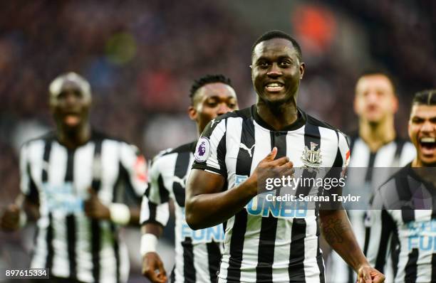 Henri Saivet of Newcastle United celebrates after he scores from a free kick to equalise during the Premier League match between West Ham and...