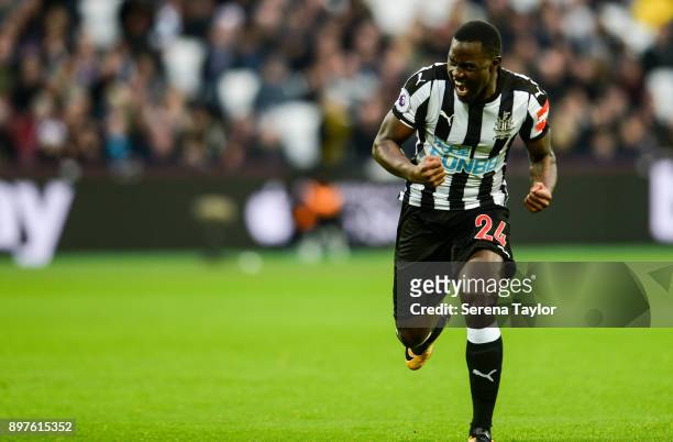 Henri Saivet of Newcastle United celebrates after he scores from a free kick to equalise during the Premier League match between West Ham and...