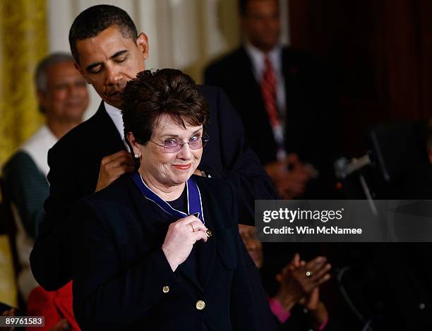 President Barack Obama presents the Medal of Freedom to Billie Jean Moffitt King during a ceremony at the White House August 12, 2009 in Washington,...