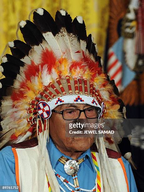 Dr. Joseph Medicine Crow � High Bird arrives to receive the Presidential Medal of Freedom from US President Barack Obama during a ceremony in the...