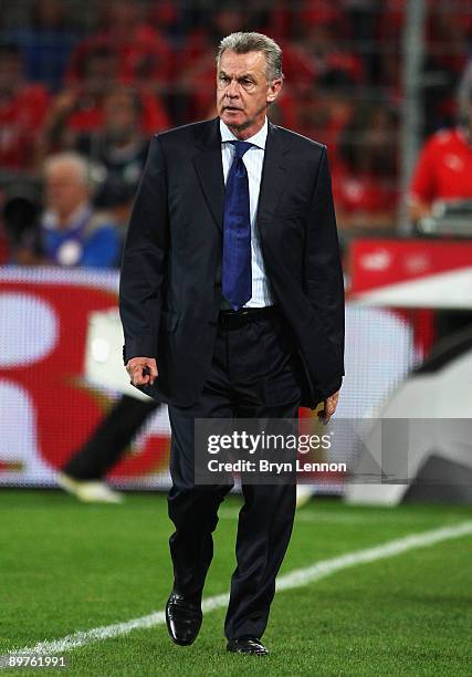 Switzerland manager Ottmar Hitzfeld looks on during the International Friendly between Switzerland and Italy at St. Jakob-Park on August 12, 2009 in...