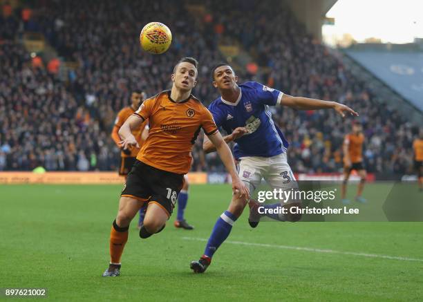 Diogo Teixeira da Silva of Wolves gets away from Myles Kenlock of Ipswich during the Sky Bet Championship match between Wolverhampton and Ipswich...