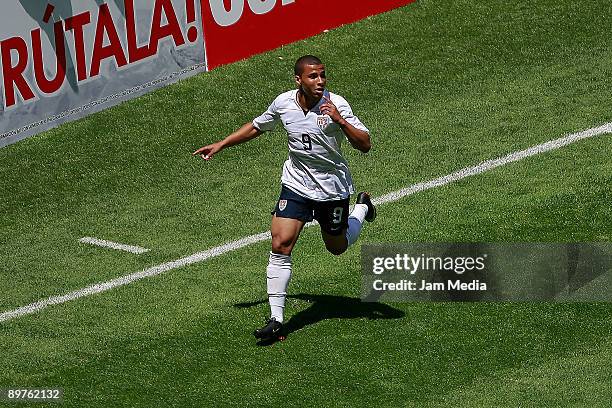 Charlie Davies of United States celebrates a scored goal against Mexico during their match for the FIFA World Cup 2010 Qualifier at the Azteca...