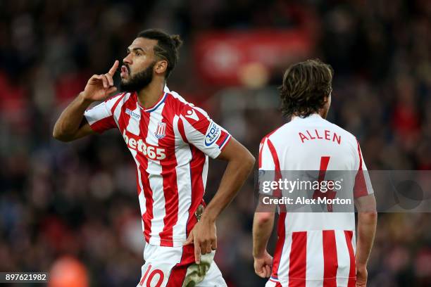 Maxim Choupo-Moting of Stoke City celebrates after scoring his sides second goal during the Premier League match between Stoke City and West Bromwich...