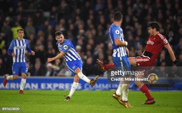Pascal Gross of Brighton and Hove Albion scores his sides first goal during the Premier League match between Brighton and Hove Albion and Watford at...
