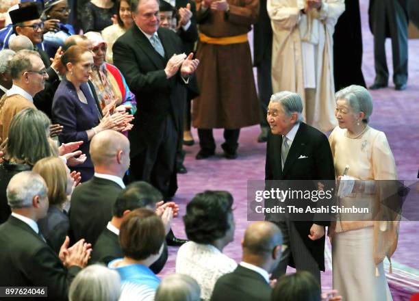Emperor Akihito is celebrated his 84th birthday by guests along with Empress Michiko during a tea party at the Imperial Palace on December 23, 2017...