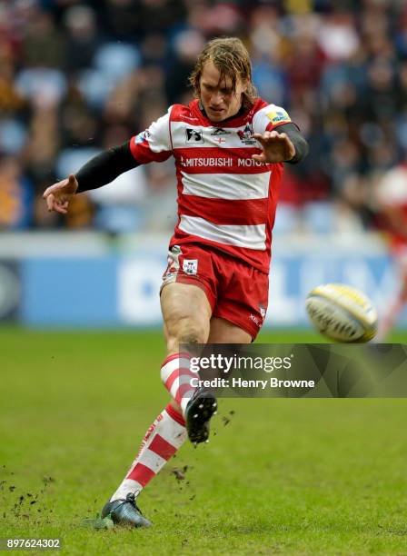 Billy Twelvetrees of Gloucester converts a try during the Aviva Premiership match between Wasps and Gloucester Rugby at The Ricoh Arena on December...