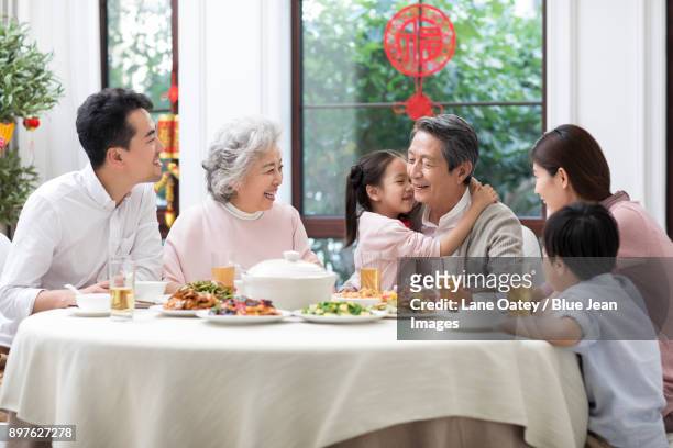 happy family having chinese new year dinner - lunar new year cup 2017 stock-fotos und bilder