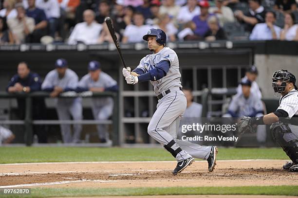 Jason Bartlett of the Tampa Bay Rays bats against the Chicago White Sox on July 21, 2009 at U.S. Cellular Field in Chicago, Illinois. The Rays...