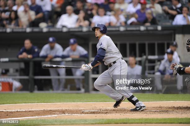 Jason Bartlett of the Tampa Bay Rays bats against the Chicago White Sox on July 21, 2009 at U.S. Cellular Field in Chicago, Illinois. The Rays...