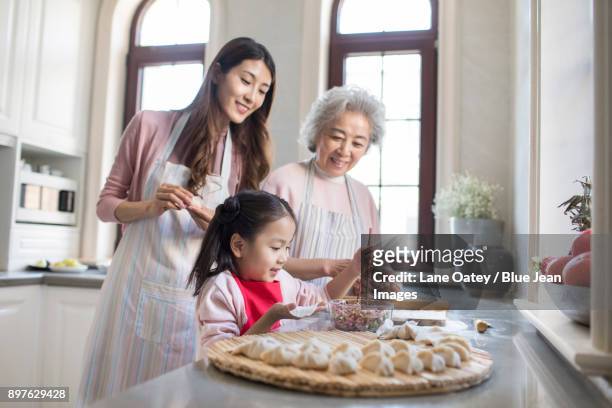 cheerful family making dumplings in kitchen - asian granny pics stock-fotos und bilder