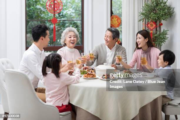happy family having chinese new year dinner - wiedersehenstreffen stock-fotos und bilder