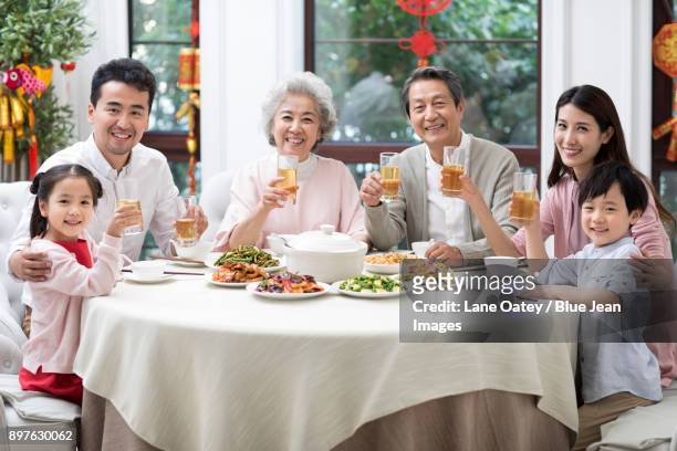 happy family having chinese new year dinner - 30 year old portrait in house stock-fotos und bilder
