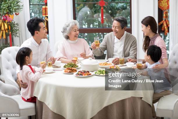 happy family having chinese new year dinner - lunar new year cup 2017 stock-fotos und bilder