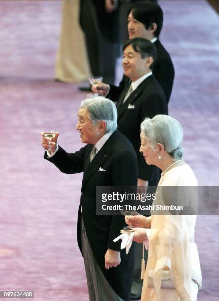 Emperor Akihito attends a tea party to celebrate his 84th birthday with Empress Michiko at the Imperial Palace on December 23, 2017 in Tokyo, Japan.