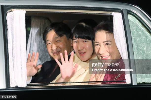 Crown Prince Naruhito, Princess Aiko and Crown Princess Masako are seen on arrival at the Imperial Palace to celebrate Emperor Akihito's 84th...