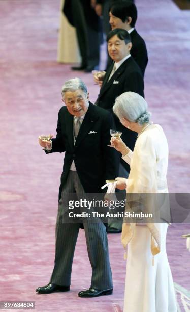 Emperor Akihito attends a tea party to celebrate his 84th birthday with Empress Michiko at the Imperial Palace on December 23, 2017 in Tokyo, Japan.