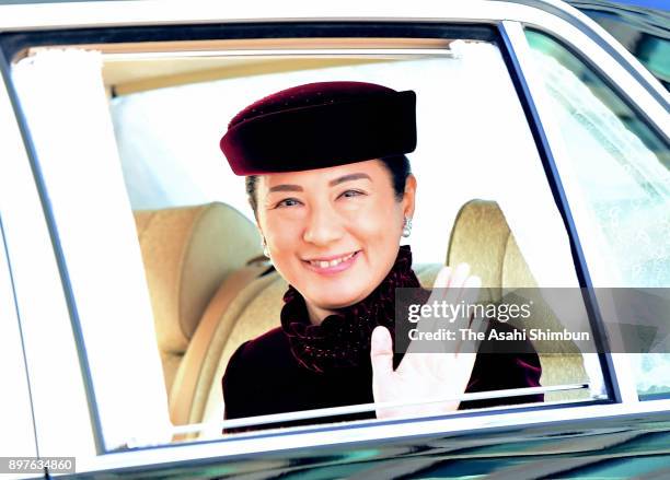 Crown Princess Masako is seen on arrival to attend a greeting session at the Imperial Palace celebrating Emperor Akihito's 84th birthday on December...