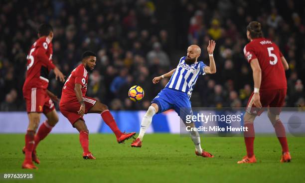 Jerome Sinclair of Watford challenges Bruno Saltor of Brighton and Hove Albion during the Premier League match between Brighton and Hove Albion and...