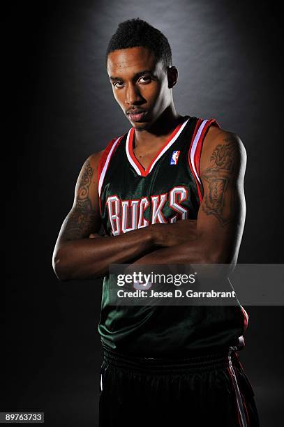 Brandon Jennings of the Milwaukee Bucks poses for a portrait during the 2009 NBA Rookie Photo Shoot on August 9, 2009 at the MSG Training Facility in...