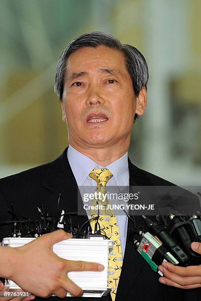 South Korea's Hyundai Asan chief Cho Kun-Shik talks to the media, as he heads to the Kaesong Industrial Complex in North Korea, at the inter-Korean...