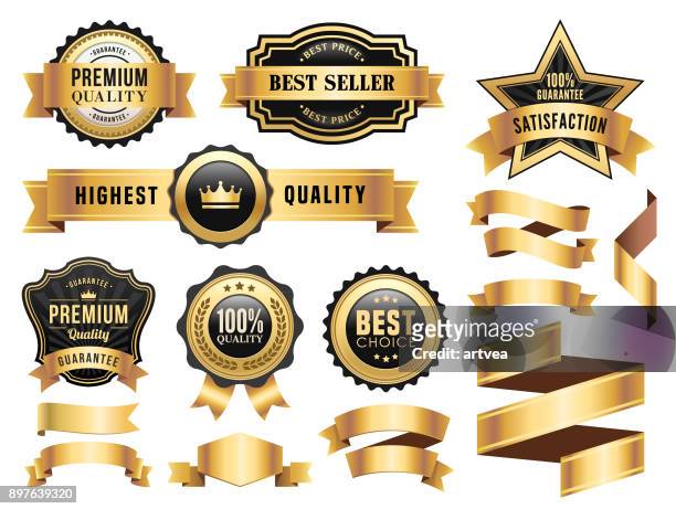 gold badges and ribbons set - first place ribbon icon stock illustrations