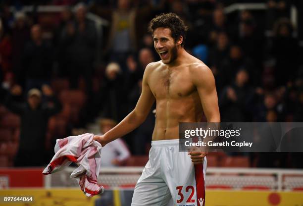 Ramadan Sobhi of Stoke City celebrates after scoring his sides third goal during the Premier League match between Stoke City and West Bromwich Albion...