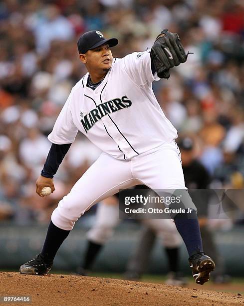 Starting pitcher Felix Hernandez of the Seattle Mariners pitches against the Chicago White Sox on August 12, 2009 at Safeco Field in Seattle,...