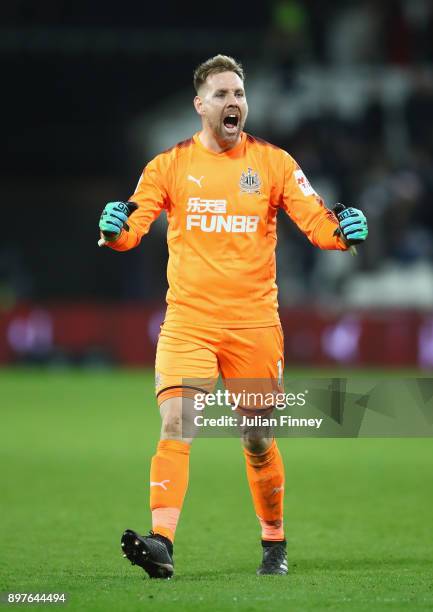 Robert Elliot of Newcastle United celebrates after the full time whistle during the Premier League match between West Ham United and Newcastle United...