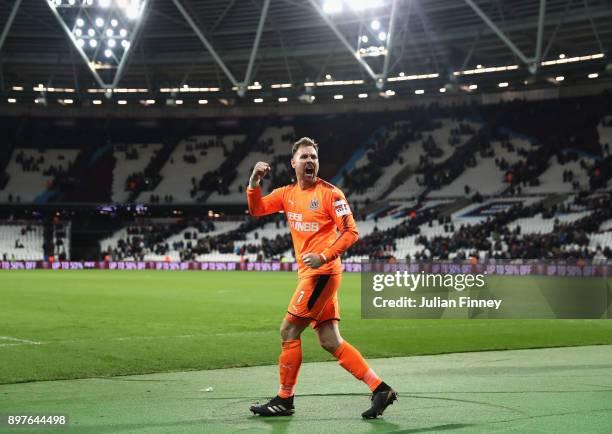 Robert Elliot of Newcastle United celebrates after the full time whistle during the Premier League match between West Ham United and Newcastle United...