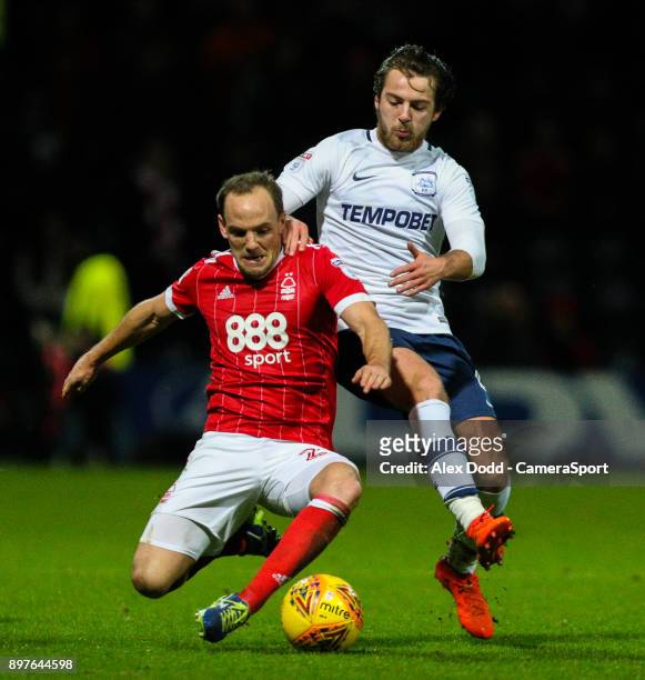 Preston North End's Ben Pearson battles with Nottingham Forest's David Vaughan during the Sky Bet Championship match between Preston North End and...