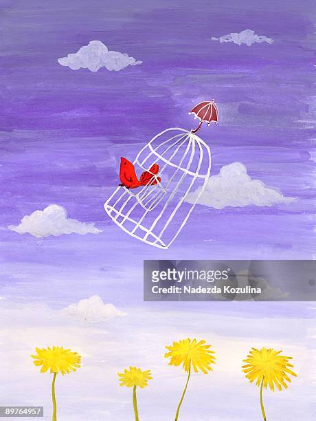 flying birdie on cage - 籠 幅插畫檔、美工圖案、卡通及圖標