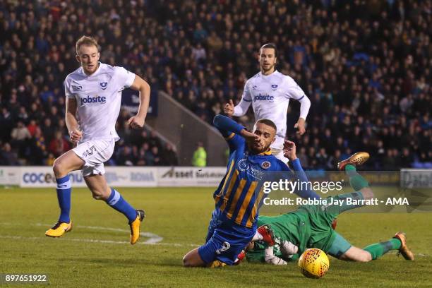 Carlton Morris of Shrewsbury Town wins a penalty during the Sky Bet League One match between Shrewsbury Town and Portsmouth at New Meadow on December...