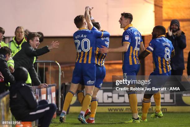 Shaun Whalley of Shrewsbury Town celebrates after scoring a goal to make it 1-0 during the Sky Bet League One match between Shrewsbury Town and...