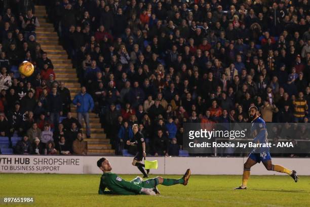 Stefan Payne of Shrewsbury Town scores a goal to make it 1-0 during the Sky Bet League One match between Shrewsbury Town and Portsmouth at New Meadow...
