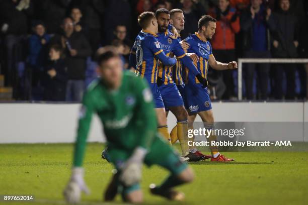 Stefan Payne of Shrewsbury Town celebrates after scoring a goal to make it 2-0 during the Sky Bet League One match between Shrewsbury Town and...