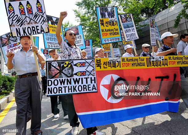 South Korean conservative activists shout slogans with a North Korean flag during an anti-North Korea rally in Seoul on August 13, 2009. South...