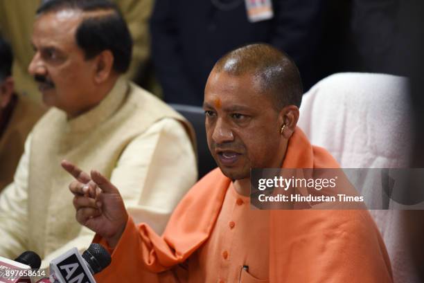 Uttar Pradesh chief minister Yogi Adityanath along with Mahesh Sharma - Union Minister of State for Tourism & Culture during the Press conference at...