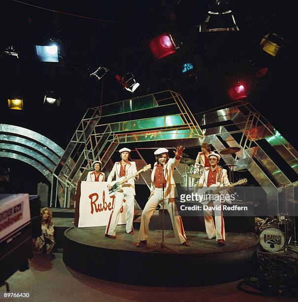 English pop group The Rubettes performing on the BBC music programme 'Top Of The Pops', 1st January 1974. Left to right: Bill Hurd, Mick Clarke, Alan...