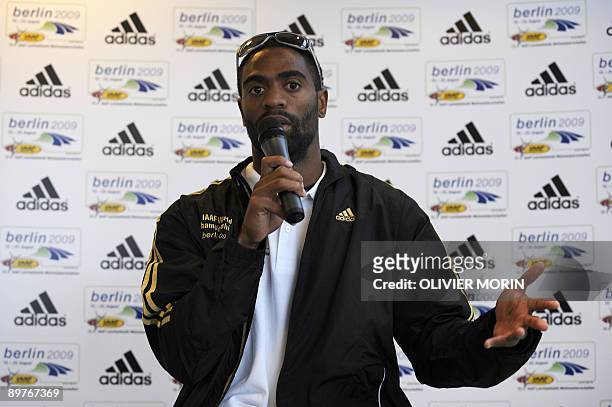Sprinter Tyson Gay speaks with journalists during a press conference in Berlin on August 13 2 days before the opening of the 2009 IAAF Athletics...