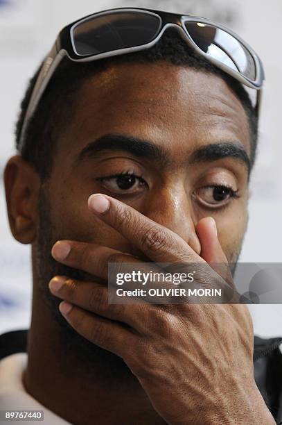 Sprinter Tyson Gay speaks with journalists during a press conference in Berlin, Germany on August 13 2 days before the opening of the 2009 IAAF...