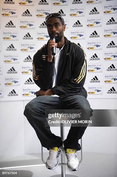 Sprinter Tyson Gay speaks with journalists during a press conference in Berlin, Germany on August 13 2 days before the opening of the 2009 IAAF...