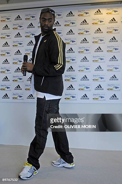 Sprinter Tyson Gay speaks with journalists during a press conference in Berlin, Germany on August 13 2 days before the opening of the 2009 IAAF...