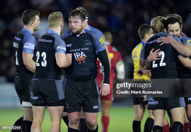 Jon Welsh and Alex Tait of Newcastle Falcons celebrate their 11-10 win over Harlequins during the Aviva Premiership match between Newcastle Falcons...