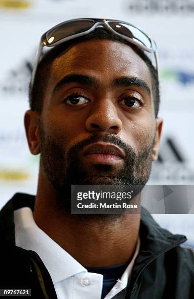 Tyson Gay of USA attends a press conference at the Radisson Blu Hotel on August 13, 2009 in Berlin, Germany.