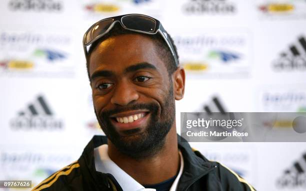 Tyson Gay of USA attends a press conference at the Radisson Blu Hotel on August 13, 2009 in Berlin, Germany.