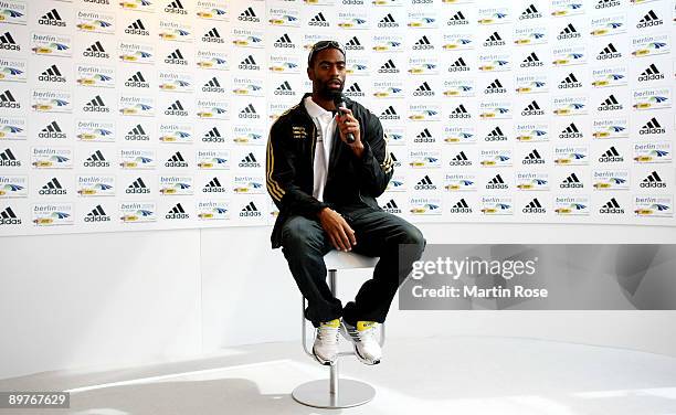 Tyson Gay of USA attends a press conference at the Radisson Blu Hotel on August 13, 2009 in Berlin, Germany.