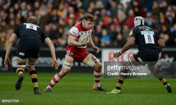 Tom Savage of Gloucester during the Aviva Premiership match between Wasps and Gloucester Rugby at The Ricoh Arena on December 23, 2017 in Coventry,...