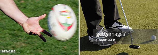Combo of files pictures shows a rugby ball on March 19, 2005 and a golfer on April 8, 2009. Rugby Sevens and golf virtually secured their spots as...