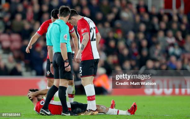 Southamptonâs Charlie Austin down injured during the Premier League match between Southampton and Huddersfield Town at St Mary's Stadium on December...